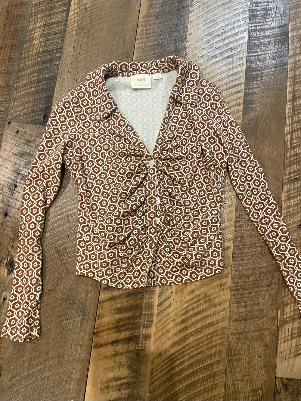 Maeve Brown and White Floral-Print Twist Front Shirt